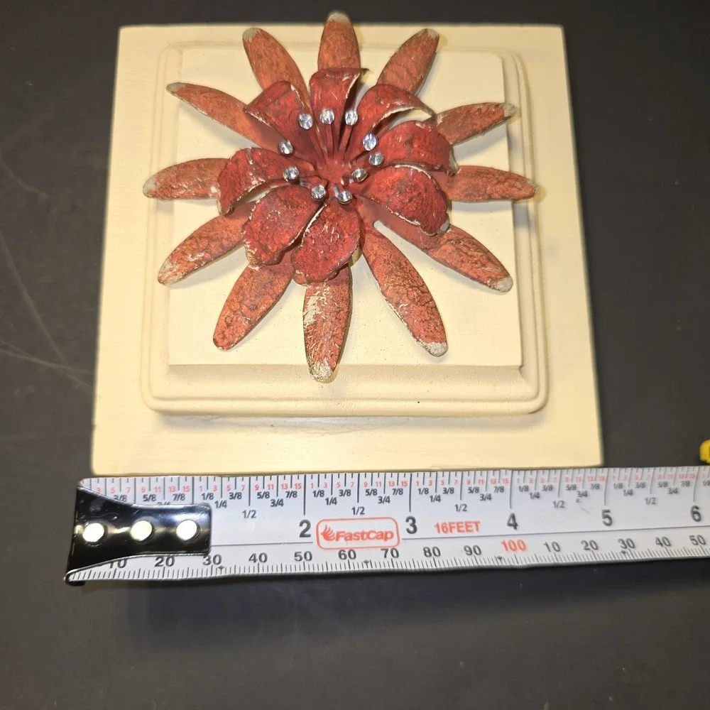 Unique Red Distressed Flower Wall Art with‎ Rhinestones Ready to Hang